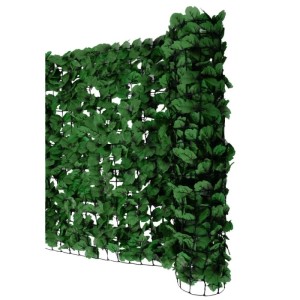 Balkonsichtschutz mit grünen Blättern auf flexiblem Gitter, 300x100cm.