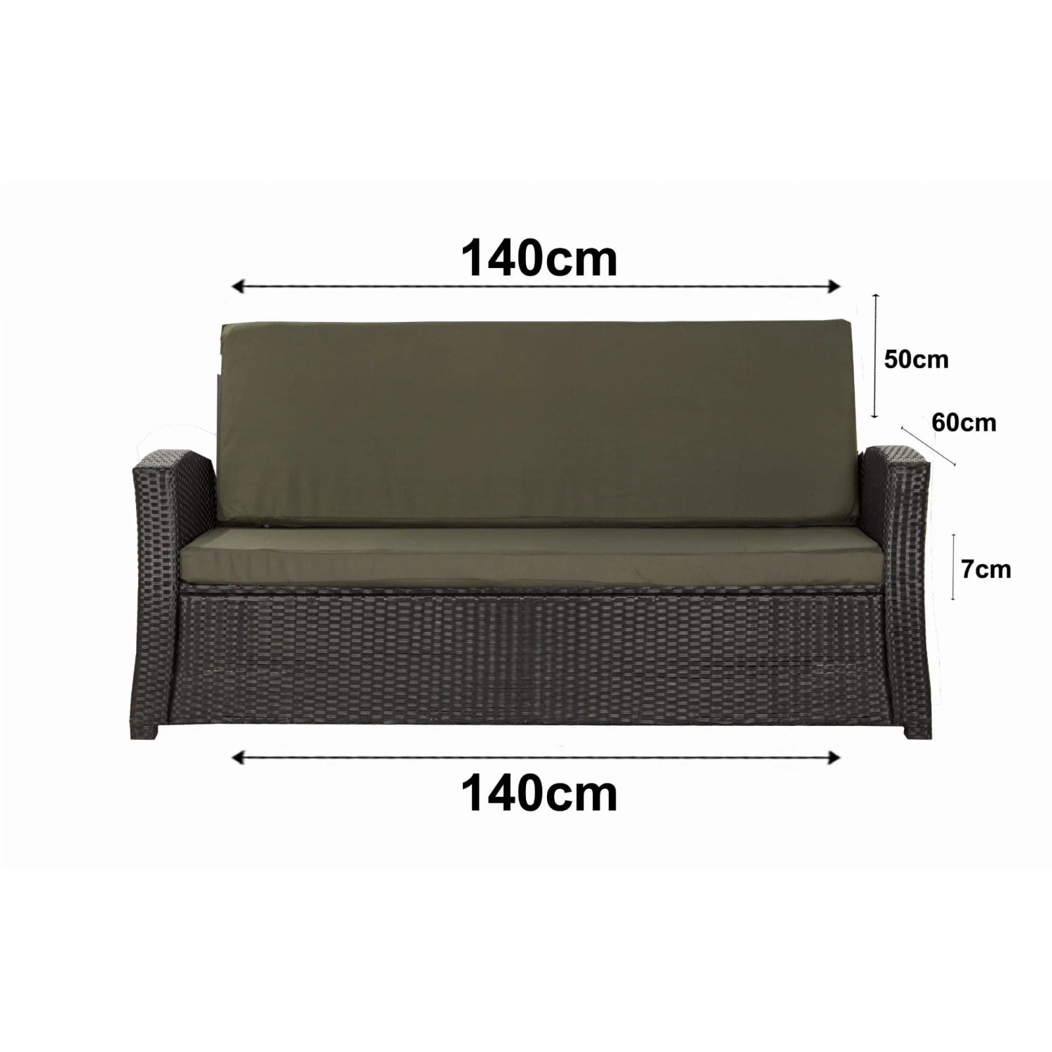 Grünes Gartenkissen-Set für 2-Sitzer Polyrattan-Gartensofa, 140x60x50cm.