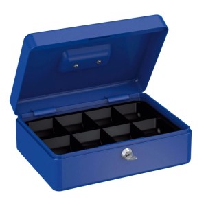 Blaue Basi Geldkassette GK 10L offen mit 8 Münzfächern und Schlüssel im Zylinderschloss.