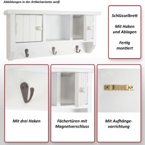 Weißes Schlüsselbrett aus Massivholz mit 3 Haken, 3 Ablagefächern und Türen. Ideal für Garderobe und Dekoartikel.