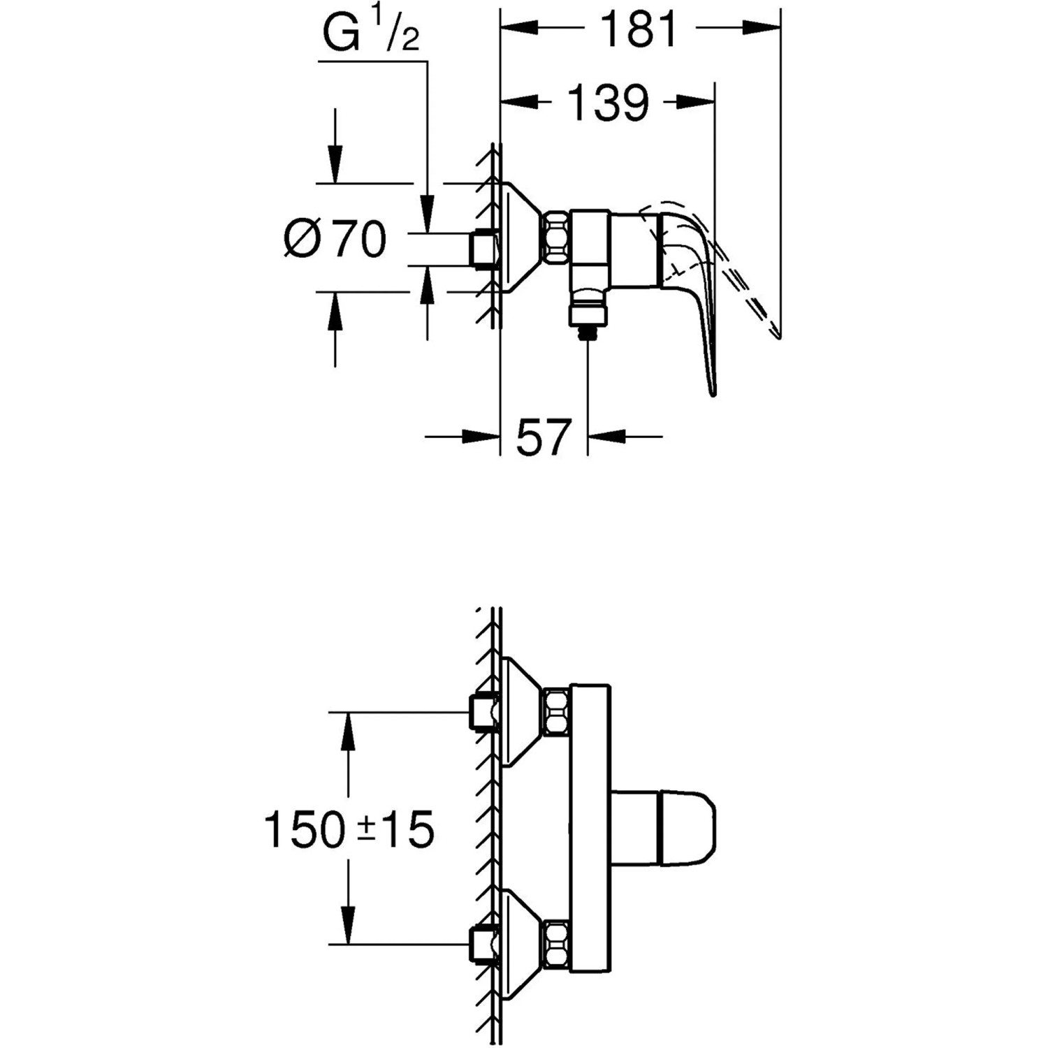 Technische Zeichnung: Grohe Swift Einhand-Brausebatterie mit Maßangaben für die Installation.