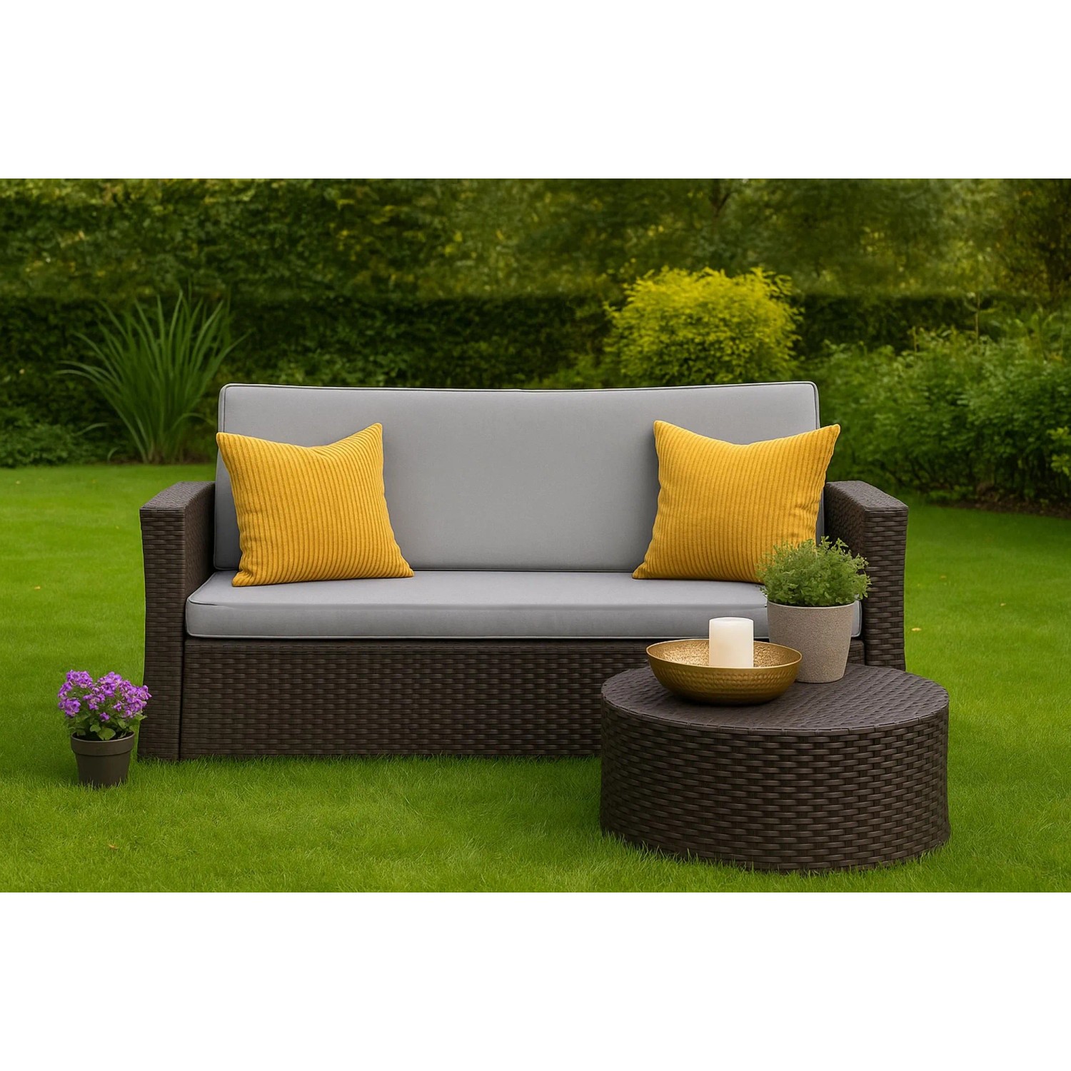 Graues 2-Sitzer Gartensofa mit gelben Kissen und passendem Tisch aus Polyrattan. Gemütliche Sitzecke.