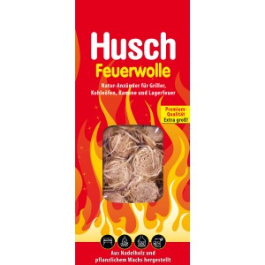Husch Feuerwolle 400g, Naturanzünder für Grill, Kamin & Lagerfeuer aus Nadelholz und Wachs.