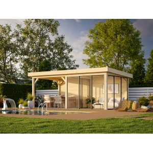 Palmako Pavillon Lenna Set 406, 588x300 cm, weiß lackiert. Weekendhaus mit Schiebetüren und Freisitz.