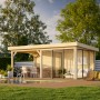 Palmako Pavillon Lenna Set 406, 588x300 cm, weiß lackiert. Weekendhaus mit Schiebetüren und Freisitz.
