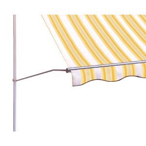 Spannstütze für Fallarmmarkise Line, silbernes Gestell, gelb-weiß gestreifte Markise.
