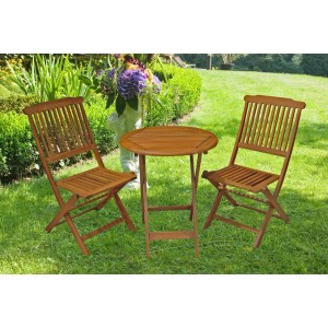 3-teilige Balkontischgruppe Prag aus Eukalyptusholz, bestehend aus Tisch und zwei Stühlen.