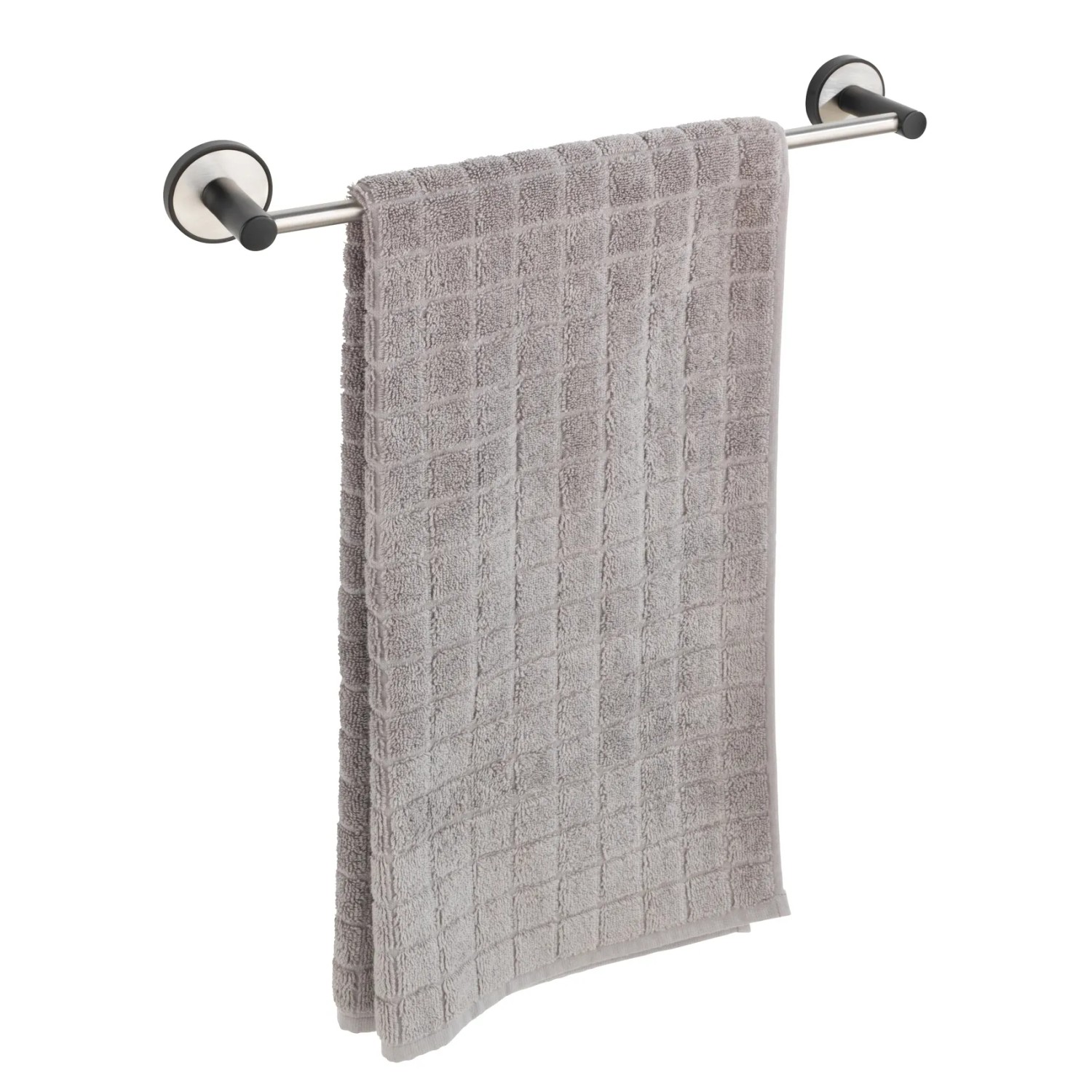 Wenko Badetuchstange Uno Udine, 40 cm, silber matt mit grauem Handtuch.