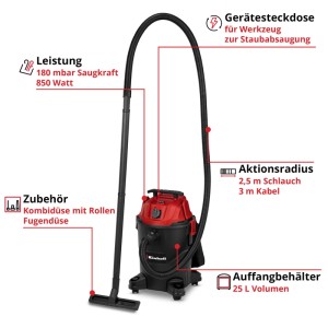 Einhell Nass-Trockensauger TC-VC 2555 A (schwarz-rot) mit Zubehör, 25 l Behälter und Werkzeugsteckdose.
