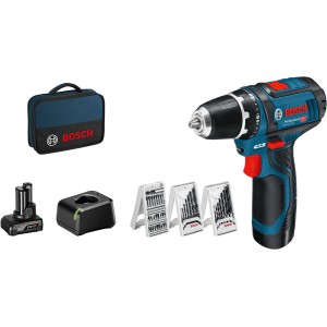 Bosch Professional Akku-Bohrschrauber GSR 12V-15 Set mit Akkus, Ladegerät, Bits und Tasche.