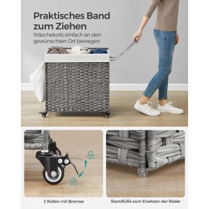 Grauer Songmics Wäschekorb mit Deckel, 140 l, mit Rollen und Zugband.