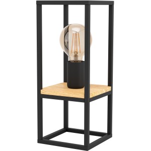 Moderne Eglo Tischleuchte Libertad in Schwarz-Braun mit Holzplatte und sichtbarer Glühbirne.