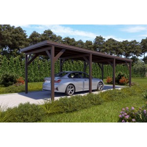 Holzbrüder Einzelcarport Ralf, graubraun mit Blechdach in Dunkelbraun, mit Auto im Garten.