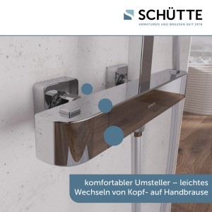 Chrom-Thermostatarmatur GRAN CANARIA mit Holz-Akzent. Komfortabler Umsteller für Kopf- und Handbrause am Duschset.