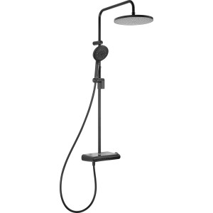 Schwarzes, mattes baliv Überkopfbrause-Set mit Thermostat-Duscharmatur.