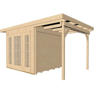 Unbehandeltes Weka Holz-Gartenhaus Panorama mit Flachdach und Anbau, 590x342 cm.