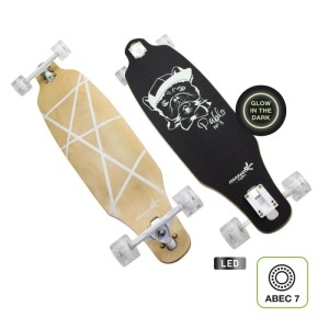 Muuwmi Lights Longboard Glow Pablo: Schwarzes Ahornholz-Board mit leuchtendem French Bulldog Design, LED-Rollen, ABEC 7. Sport.