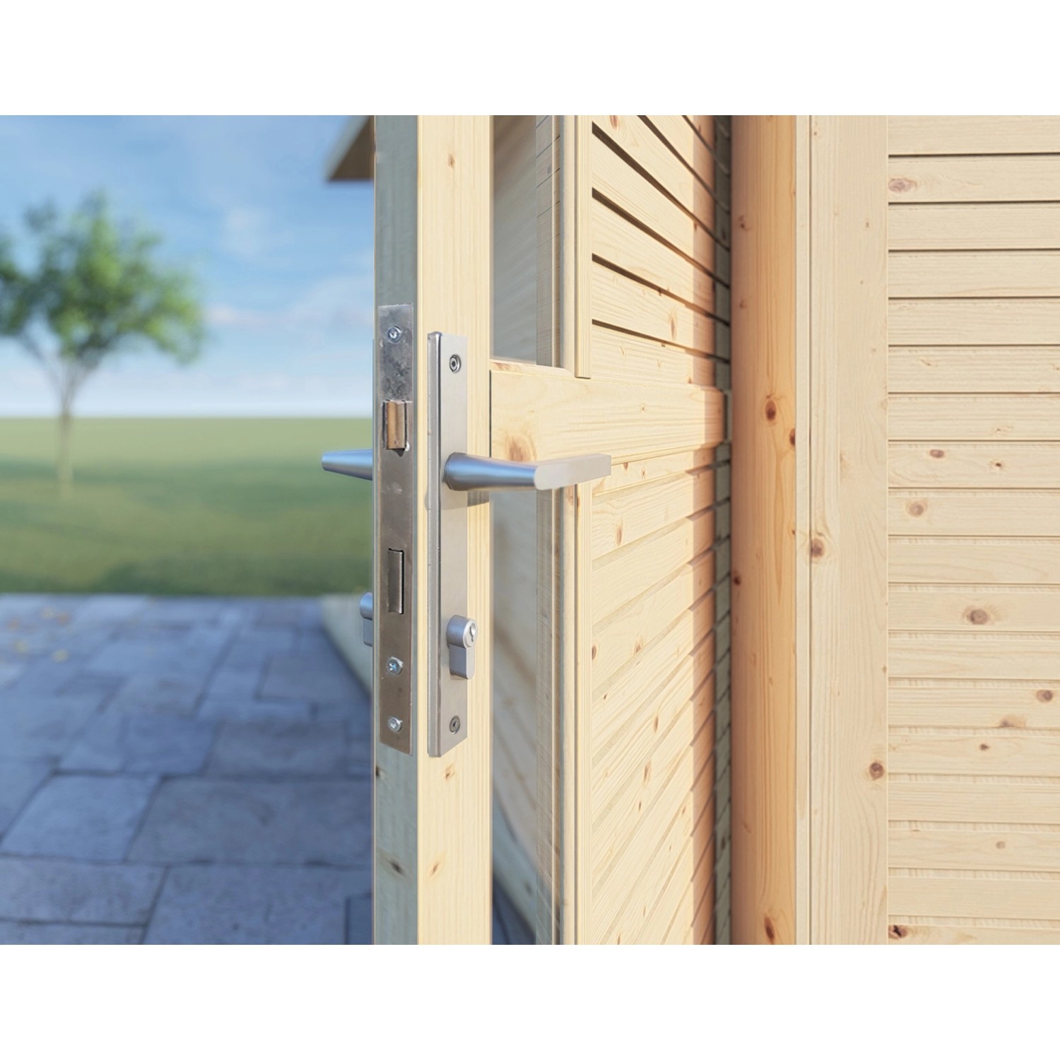 Detailaufnahme: Tür mit Schloss des Bertilo Gartenhaus Pentus 1 aus naturbelassenem Holz.