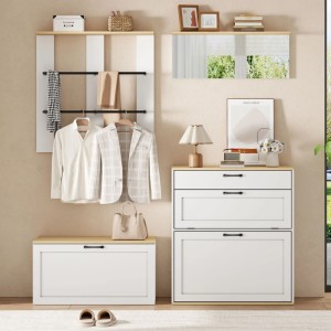 Merax Garderoben Set mit Spiegel Schuhschrank Schuhbank Weiß Holzoptik