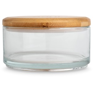 Ooni Stapelgefäß-Set: Transparente Glasschale mit Bambusdeckel für Grillutensilien.