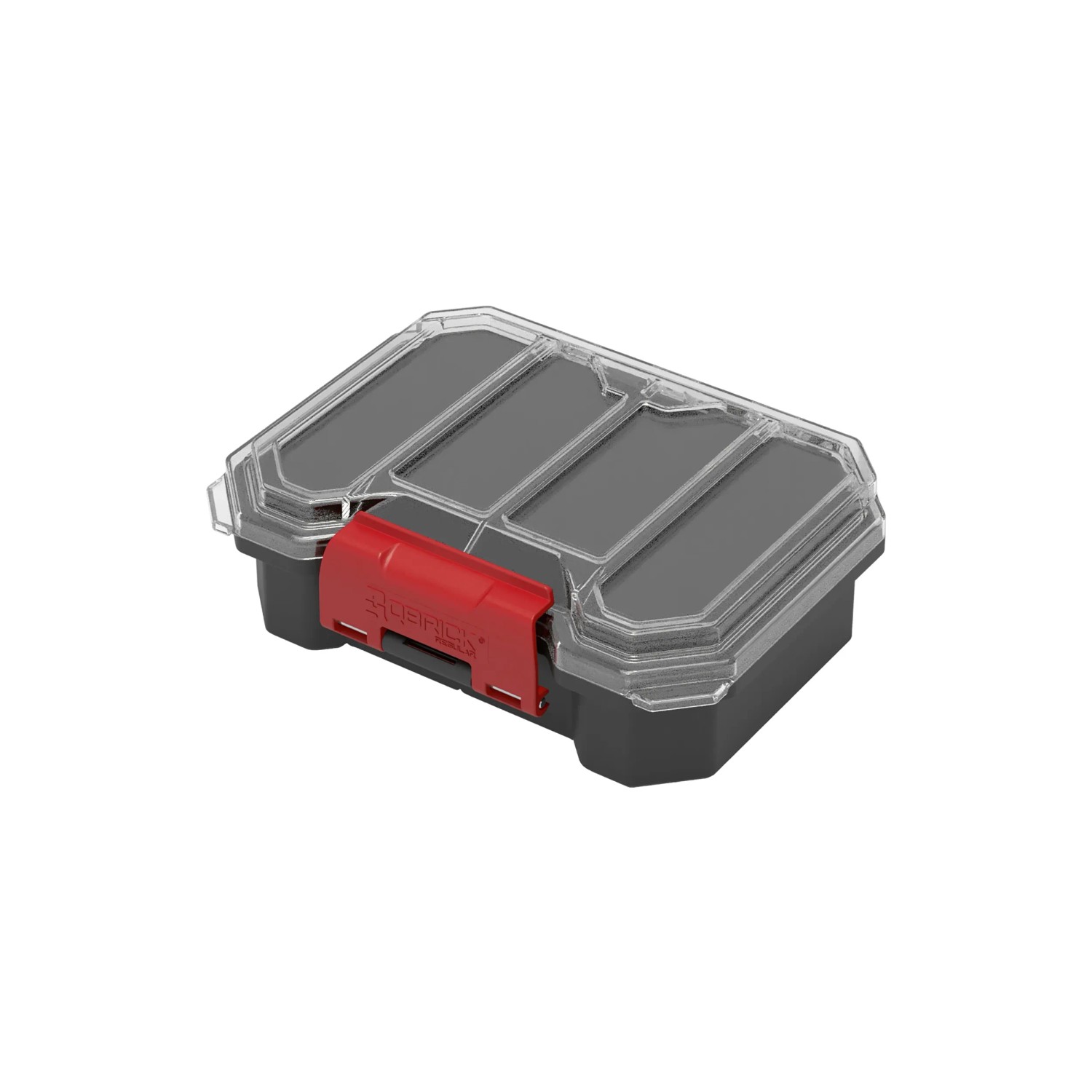 Qbrick Regular Compact Organizer Set 1, schwarze Aufbewahrungsbox mit transparentem Deckel und rotem Verschluss.
