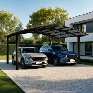 Ximax Carport Portoforte-60 M, mattbraun, mit zwei geparkten Autos unter dem Carport.