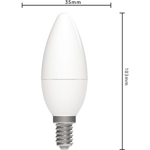 LED-Leuchtmittel E14 Kerzenform C35, 2,5 W, 250 lm, Maße 3,5 x 10,3 cm.