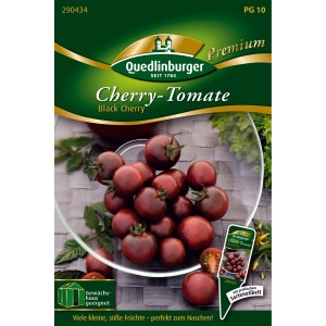 Samenpackung Quedlinburger Cherry-Tomate Black Cherry mit dunkelroten Tomaten.