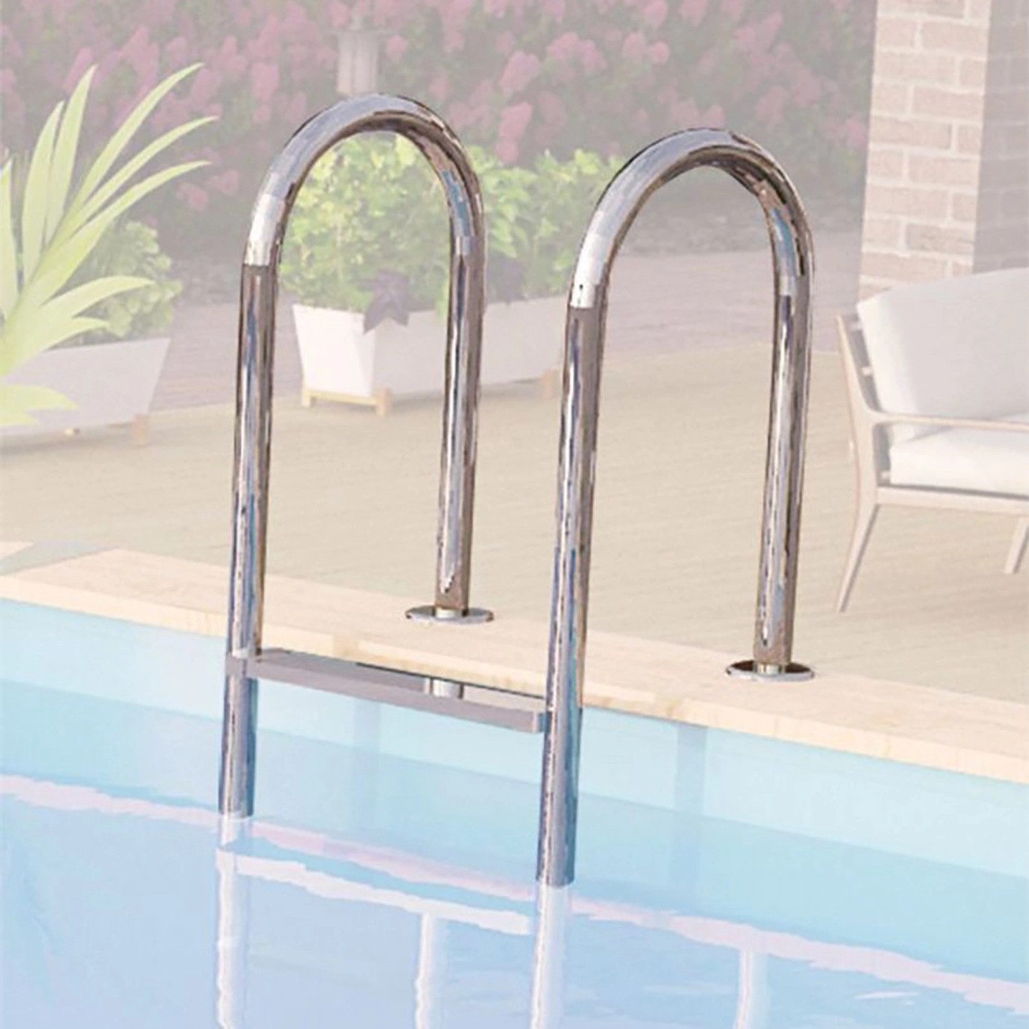 Edelstahl Einhängeleiter für Karibu Holzpool Set, Detailaufnahme.