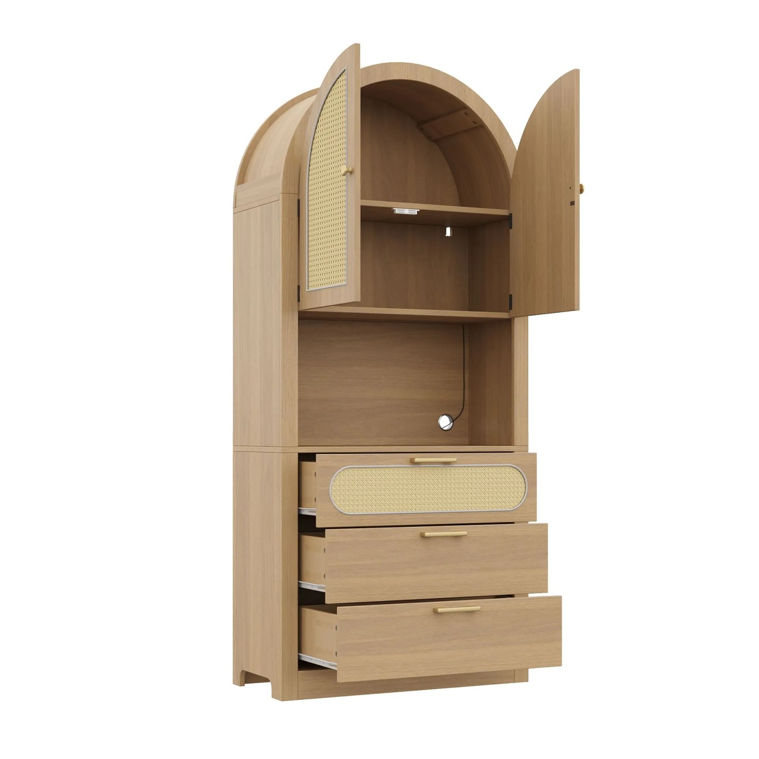 okwish Vitrinenschrank Natur mit geöffneten Rattantüren, LED-Beleuchtung und 3 geöffneten Schubladen.