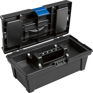 Offener, schwarzer LUX Werkzeugkoffer (31x17x13cm) mit Organizer im Deckel und Werkzeugträger.