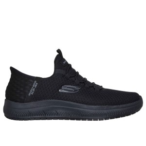 Schwarzer Skechers Slip-ins Arbeitsschuh für Damen. Rutschhemmende Sohle, hoher Komfort für sicheren Arbeitsalltag.