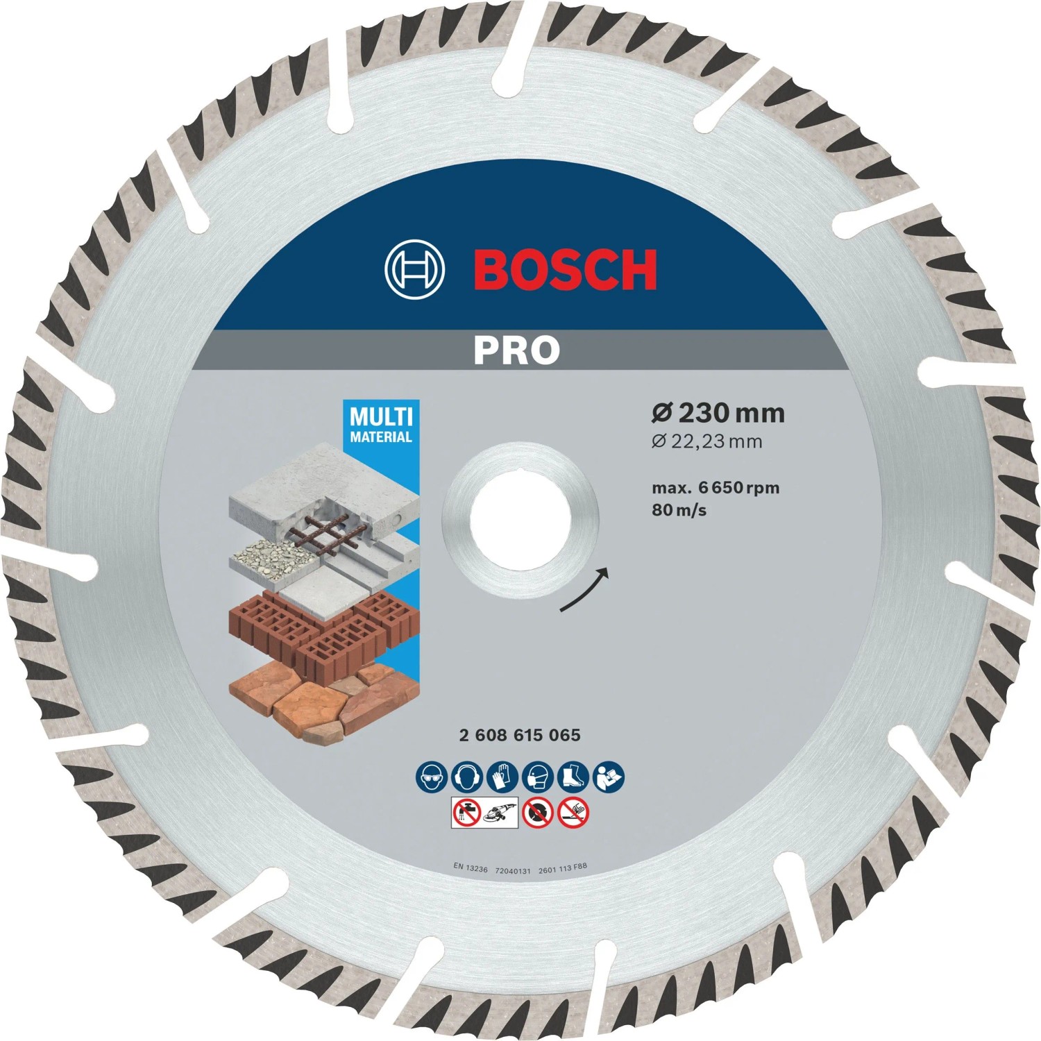 Bosch Diamant-Trennscheibe 230 mm für Winkelschleifer. Silberne Scheibe mit Segmenten zum Schneiden von Beton, Mauerwerk, Universal.