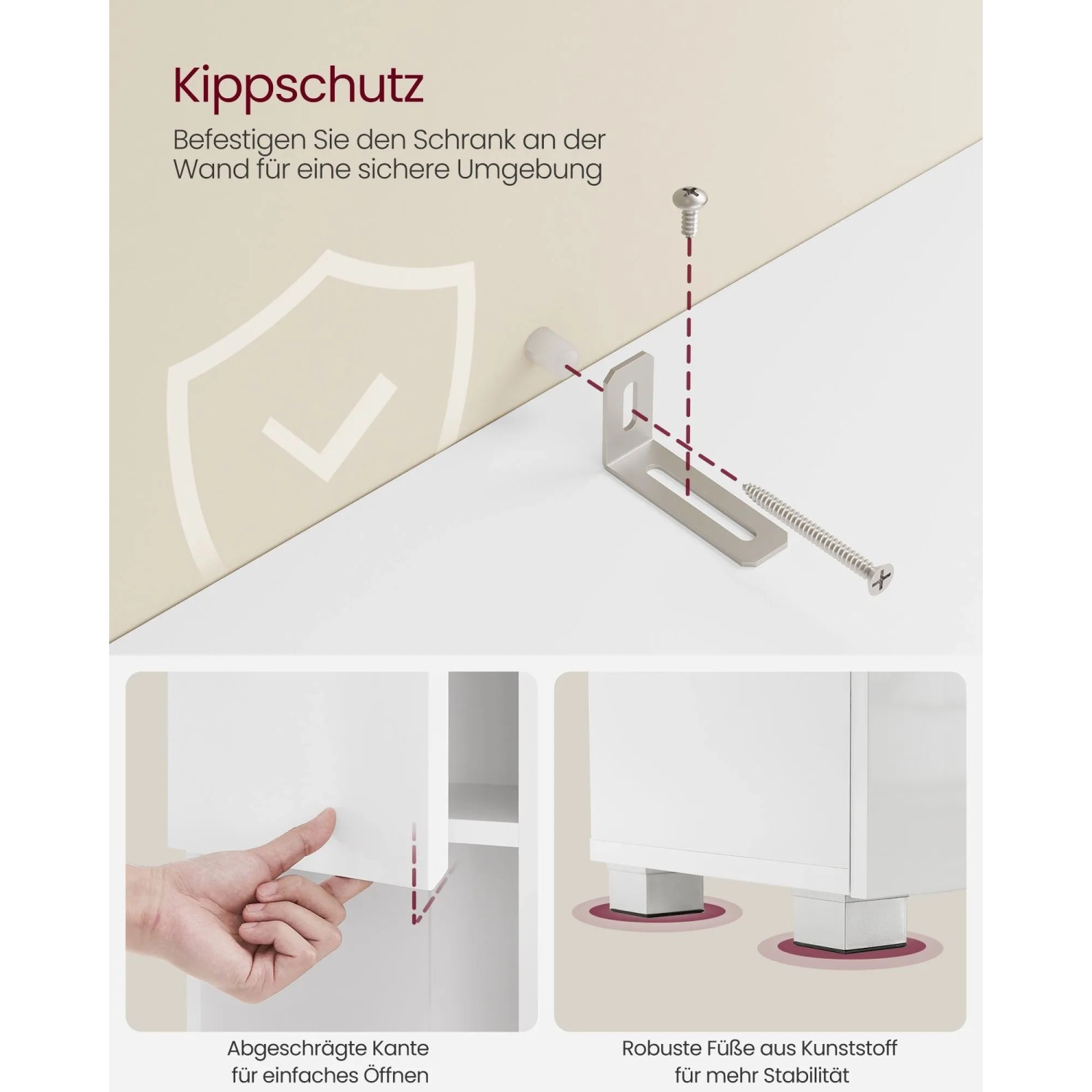 Details des weißen Vasagle Badezimmerschranks: Kippschutz, Kante, Füße.