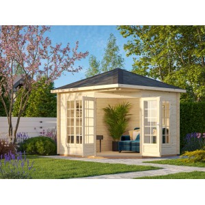 Palmako Holz-Pavillon Melanie, 280x280 cm, mit geöffneten Doppeltüren im Garten.