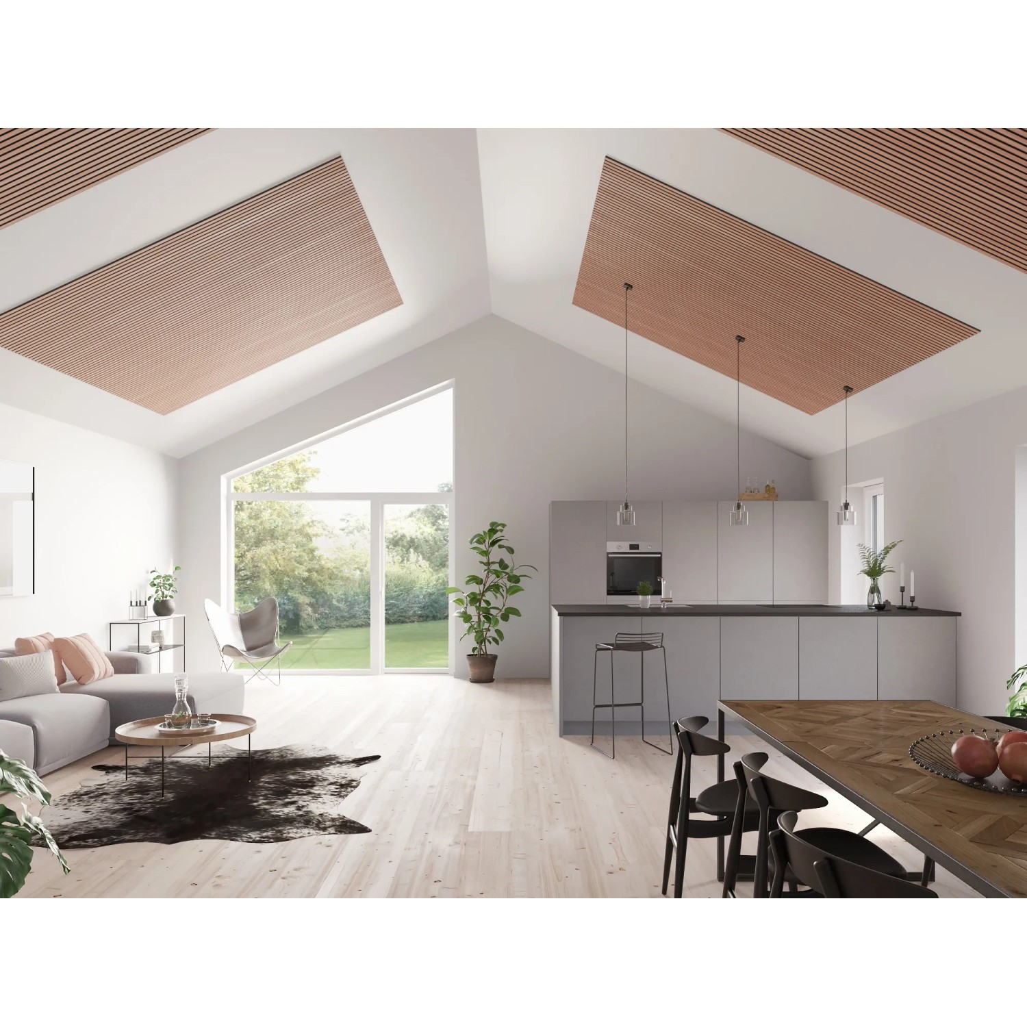 Wohnraum mit Mahagoni Akustikpaneelen an der Decke, die Raumakustik verbessern.