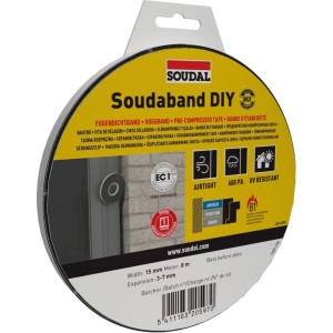 SOUDABAND DIY BG1 Fugendichtband Rolle, 8m, in gelb-schwarzer Verpackung. Vorkomprimiertes Dichtband zur Fugenabdichtung.