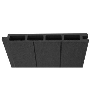 Detailaufnahme eines anthrazitfarbenen WPC-Paneels für MCW Sichtschutz Savoie. Zaun-Element mit Nut- und Feder-System.