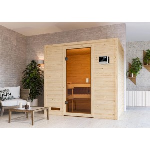 Woodfeeling Sauna Selena mit bronzierter Glastür und 9 kW Ofen mit externer Steuerung.