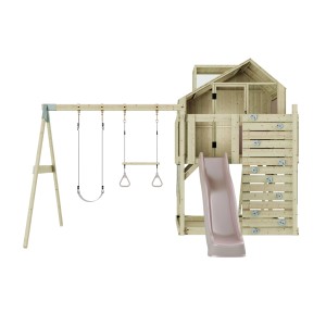 Holz-Spieltürm mit Schaukel, Rutsche und Kletterwand. Trapezstange altrosa.