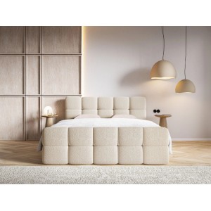Modernes Selsey Boxspringbett Cloudy 140 cm in Hellbeige mit Boucle-Bezug und gepolstertem Kopfteil im Schlafzimmer.