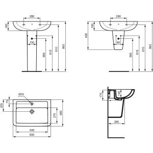 Technische Zeichnung: Ideal Standard Eurovit Plus Waschtisch, 65 cm, 1 Hahnloch, Überlauf, Maße in mm.