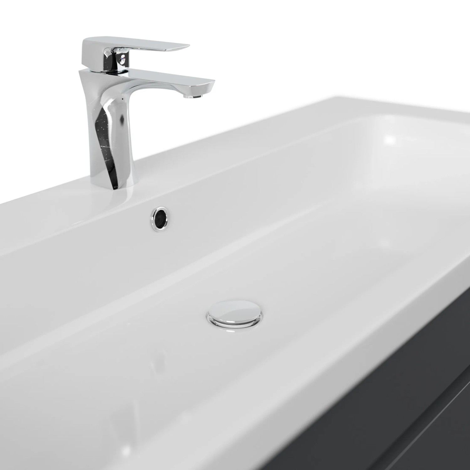 Detailaufnahme: Posseik Badmöbel Fellini 120 in Grafit mit Armatur und Mineralgusswaschbecken.