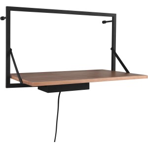 Modernes Wandregal Becky mit LED-Beleuchtung, Metallrahmen schwarz, Holzablage in Natur.