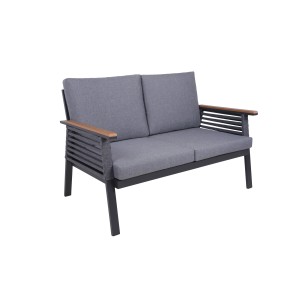 Garden Pleasure Lounge-Gruppe Denia, 2-Sitzer in Anthrazit-Grau mit grauen Polstern und Holzarmlehnen.