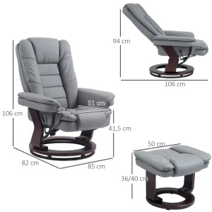 HOMCOM Relaxsessel mit Hocker Kunstleder Grau 85L x 82B x 106H cm