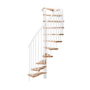 Minka Spindeltreppe Metallica Smart, Buche-Weiß, 130 cm Durchmesser. Innentreppe mit Holzstufen und weißem Geländer.