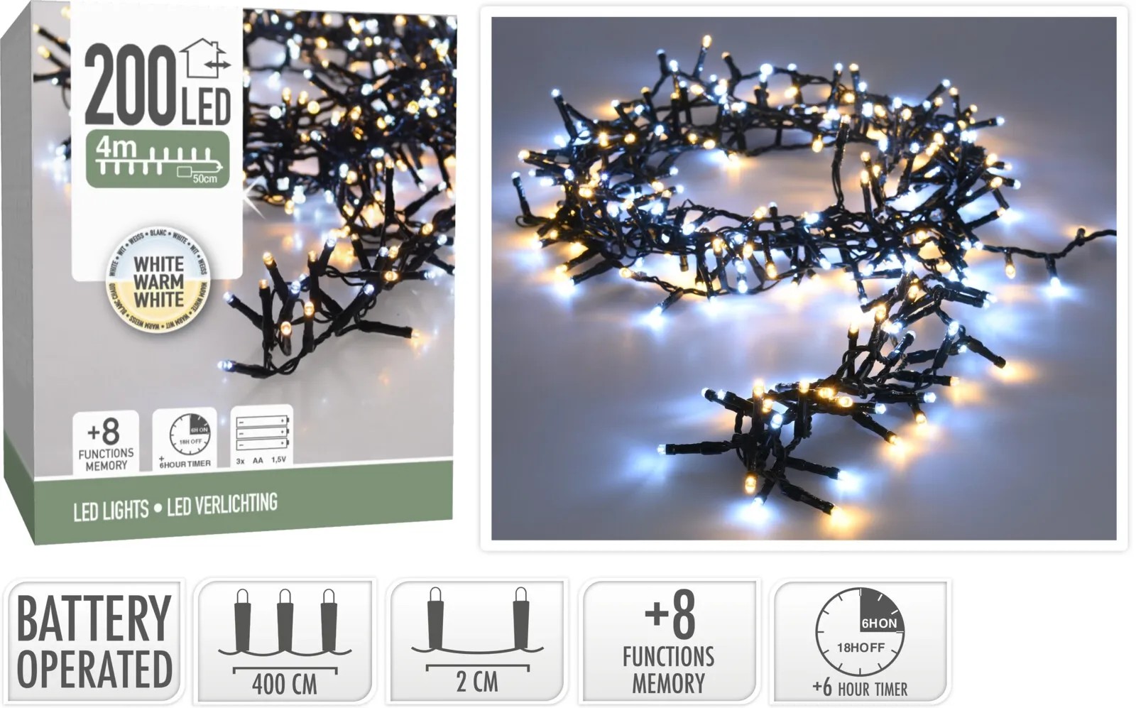 Premier Supabright LED-Lichterkette – 20 M, 200 LEDs, Mehrfarbig – Mit Timer Für Innen & Außen