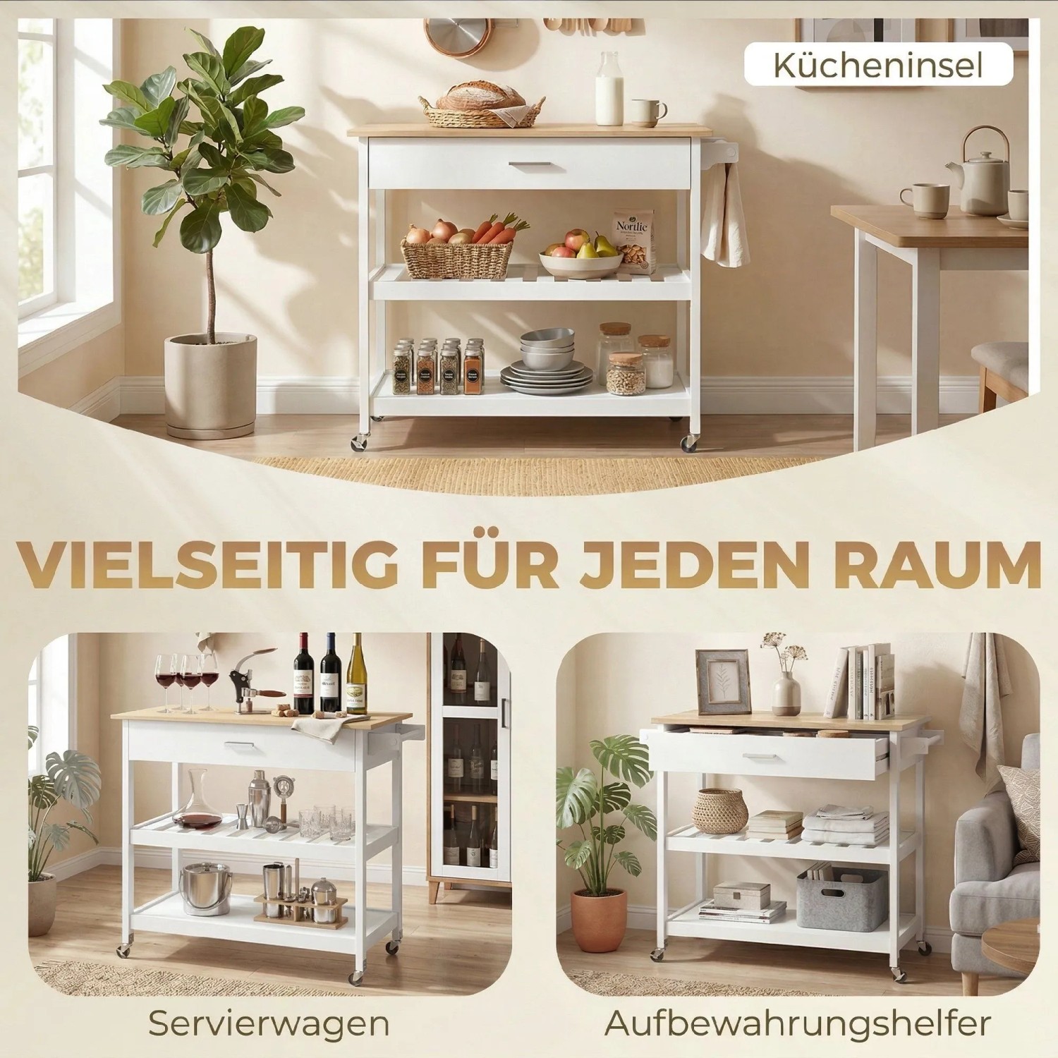Weißer HOMCOM Küchenwagen mit heller Holzplatte, Schublade, zwei Regalen und Rollen. Vielseitig als Servierwagen nutzbar.