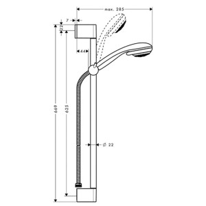 Technische Zeichnung Hansgrohe Crometta 85 VarioJet Brausestangen-Set mit Maßen.